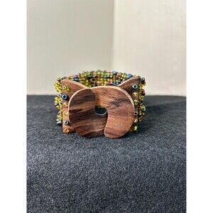 Hand Made Beaded Bracelet w/ Wood Clasp 1.5” Wide purple Green Iridescent Beads